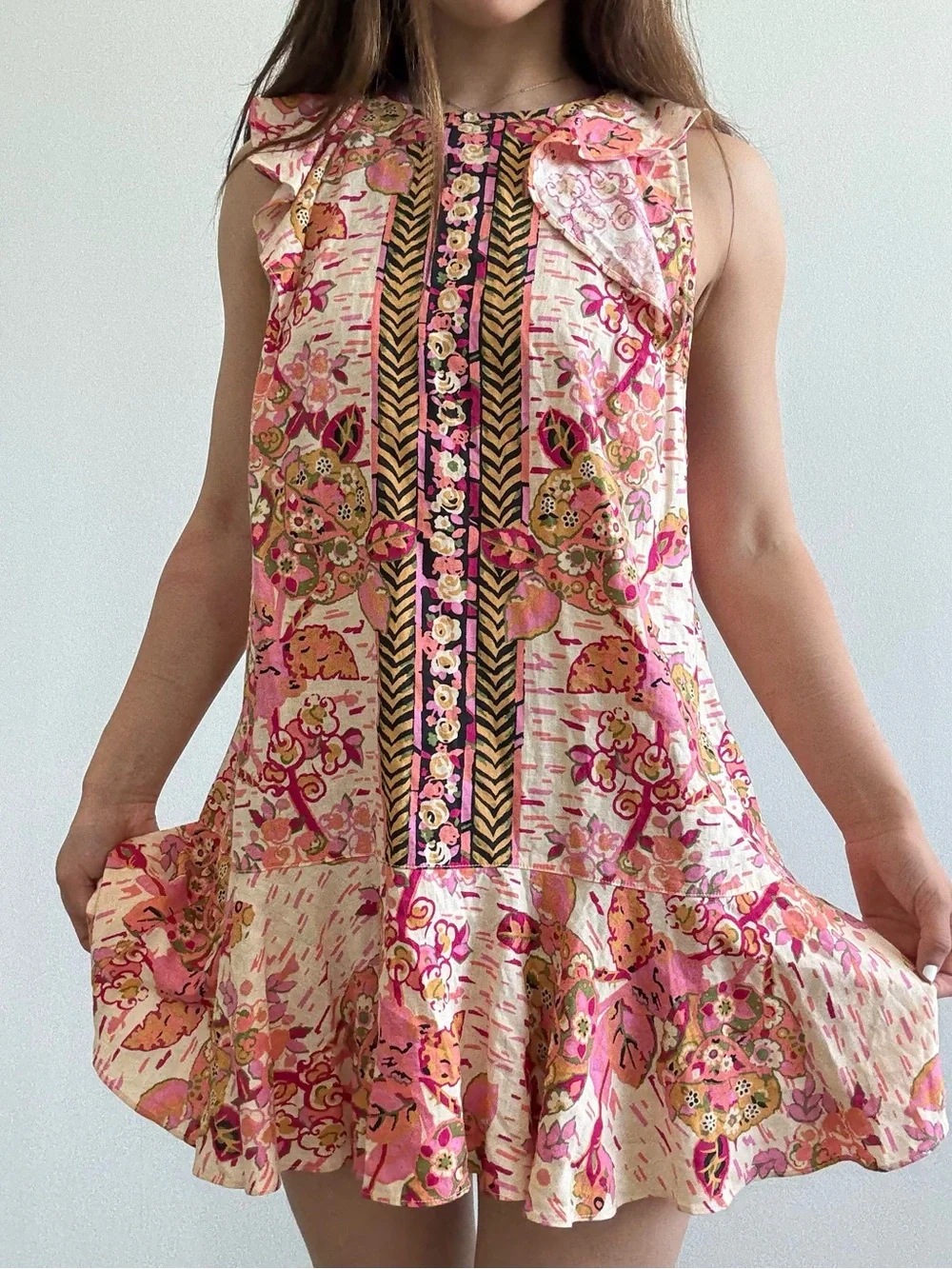 Free People Pink Floral Ruffle Mini Dress